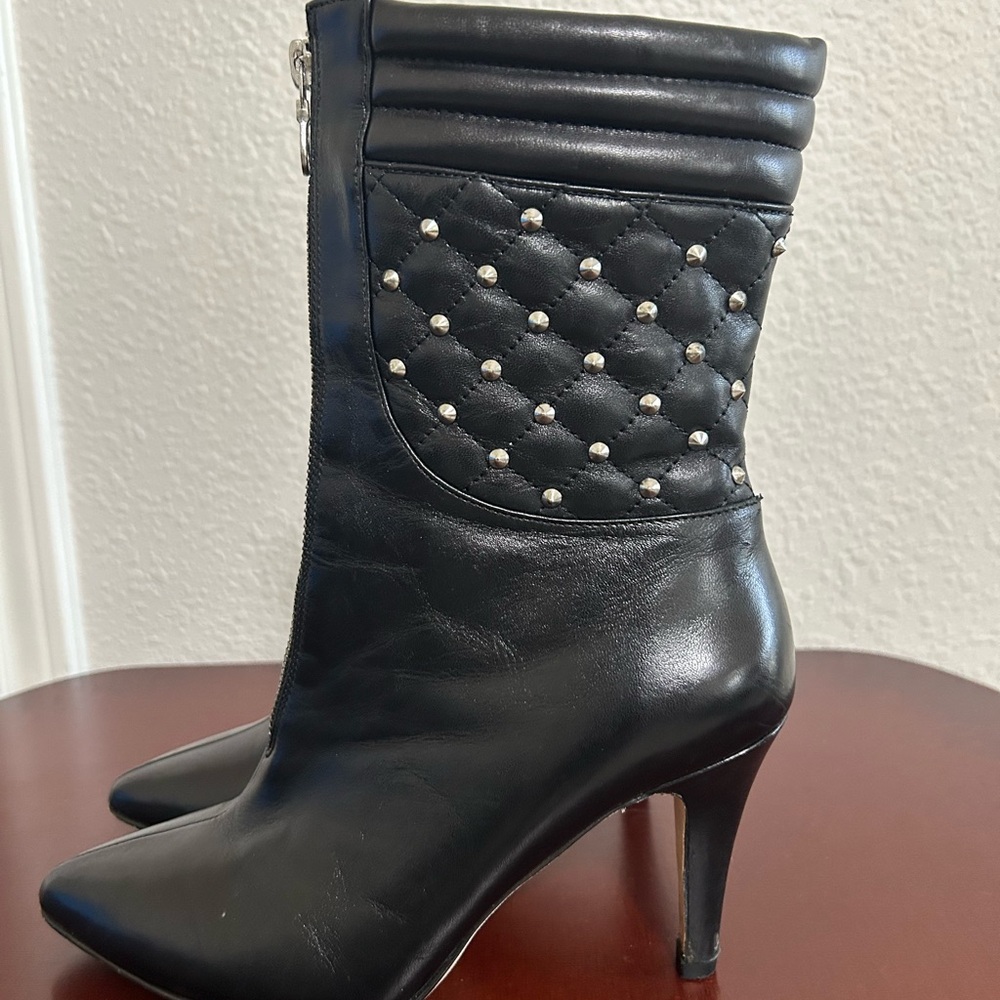 Ros Hommerson Black Quilted Heeled Boots with Silver Accents, 3 1/2” heel.
